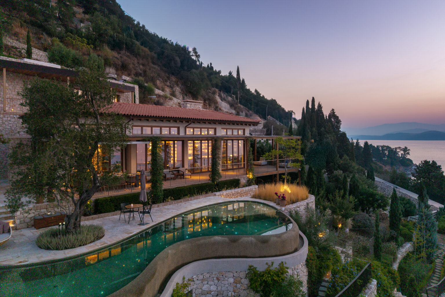 Villa Alice exterior overlooking the Ionian Sea